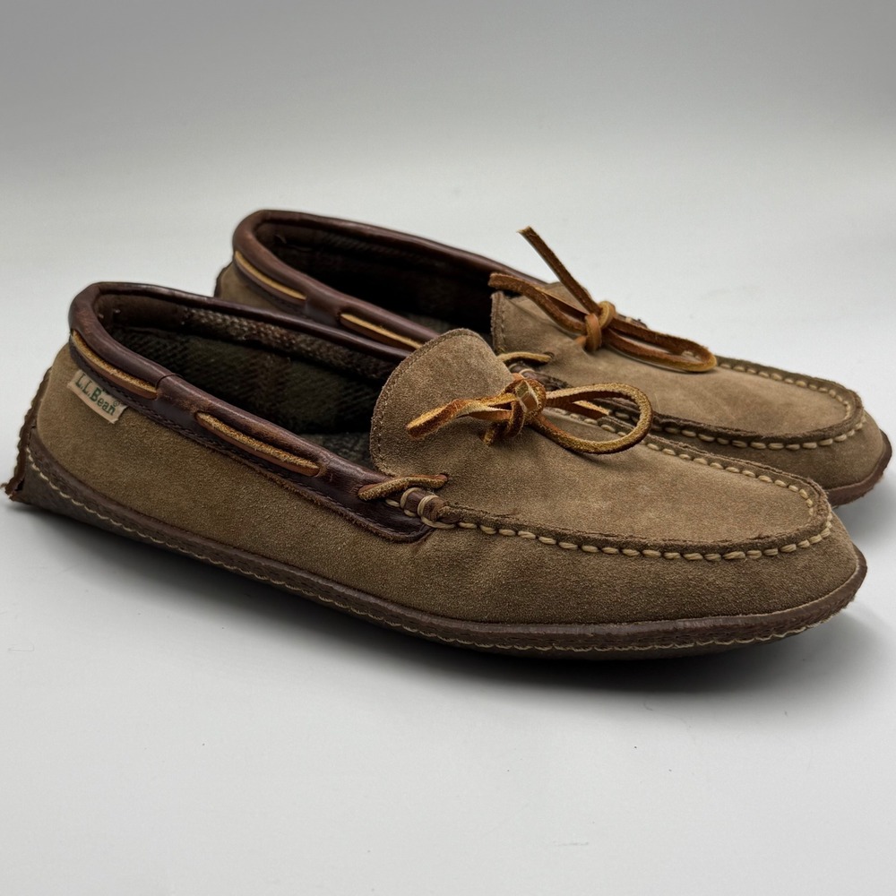 LL Bean Suede Leather Moccasin Handsewn Slippers Flannel Lined Brown Mens 7